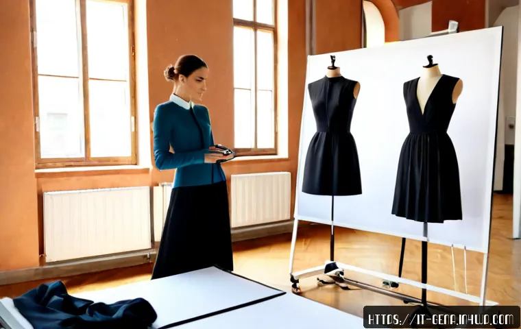 생성형 AI 활용법  패션 산업의 변화 - Photorealistic fashion design studio in Milan, Italian designer reviewing AI-generated garment conce...